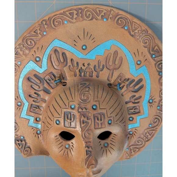 Handcrafted Terracotta Wall Mask Tribal Cactus Design Blue Accents - Picture 5 of 13